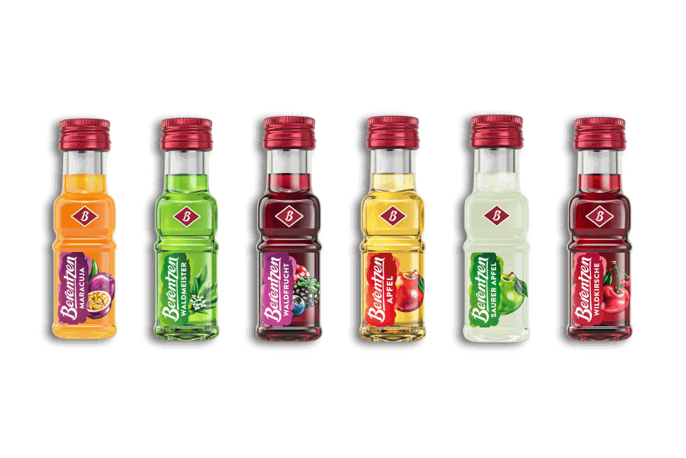 Alle Berentzen Minis aus dem Partybecher nebeneinander