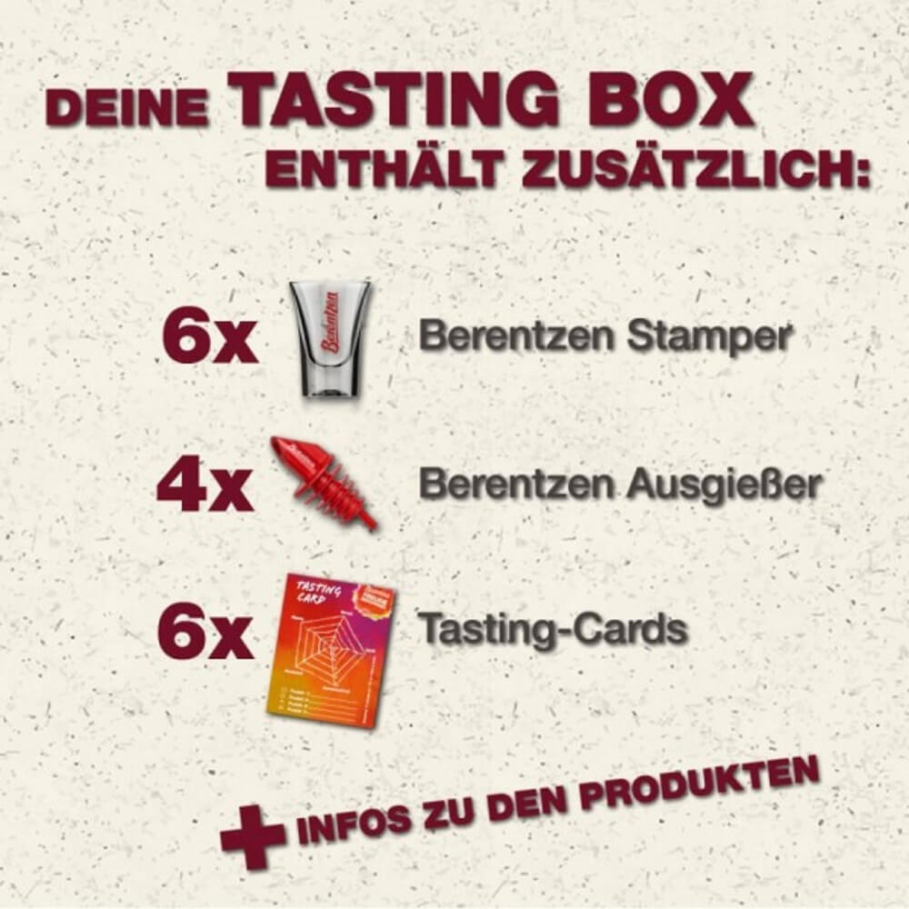 Diese Tasting Box enthält 6 Berentzen Stamper, 4 Berentzen Ausgießer, 6 Tasting Cards und Infos zu den Produkten