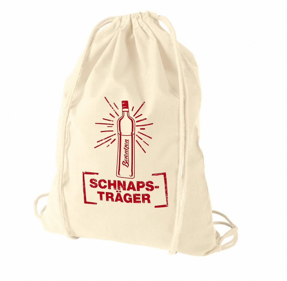 Berentzen Schnapstraeger Creme farbiger Jute-Beutel mit roter Berentzen Kornflasche als aufdruck und Schriftzug: Schnapsträger
