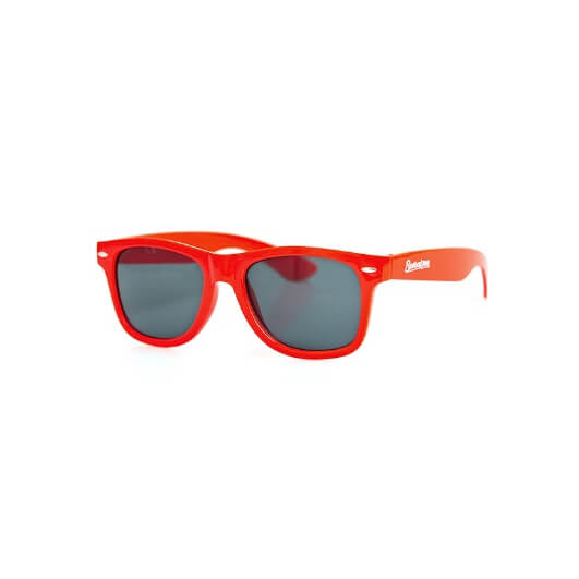 Rote Berentzen Sonnenbrille mit getönten Gläsern und weißem Berentzen Aufdruck an der Seite