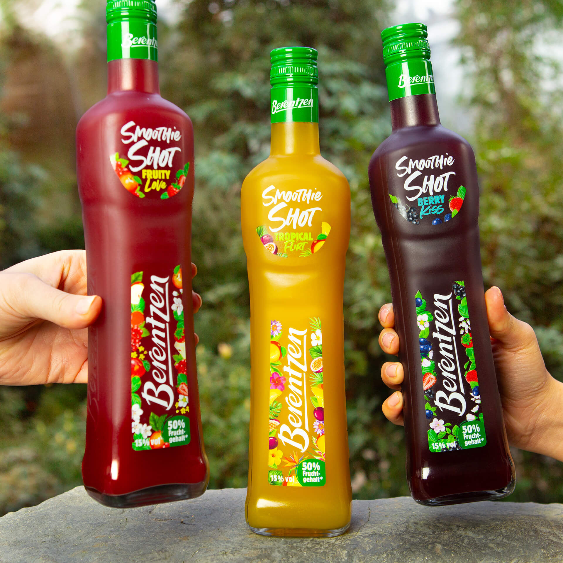 Berentzen Smoothie Shots Range Alle Berentzen Smoothie Shots Flaschen nebeneinander