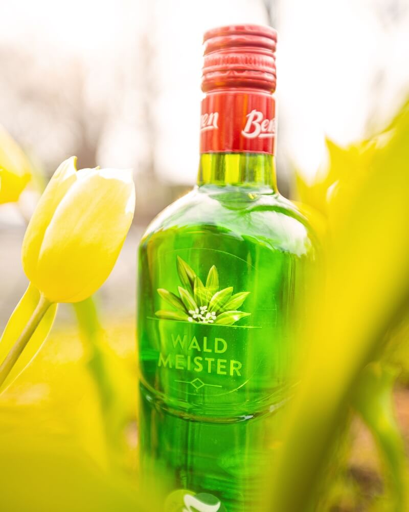 Berentzen Waldmeister 0,7 Liter Flasche Berentzen Waldmeister steht im Gras