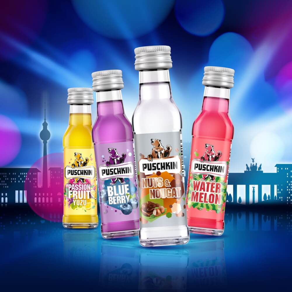 Puschkin Shotbox Puschkin Shot Box Gläser mit Berliner Szene Hintergrund