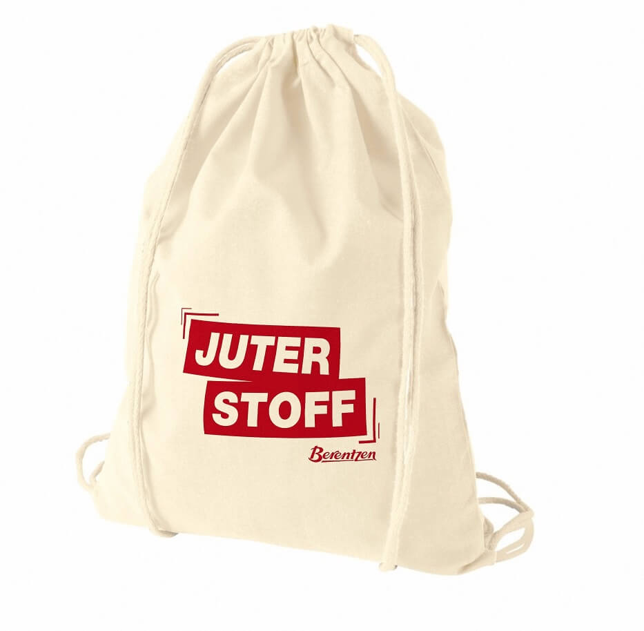Creme Farbiger Jute Beutel mit  kleinem Berentzen Logo Aufdruck und rotem Schriftzug: Juter Stoff